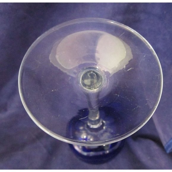 Cobalt Cut to Clear Wavy Lines Crystal Bohemian Wine Glass Unmarked Flawed - Picture 16 of 16